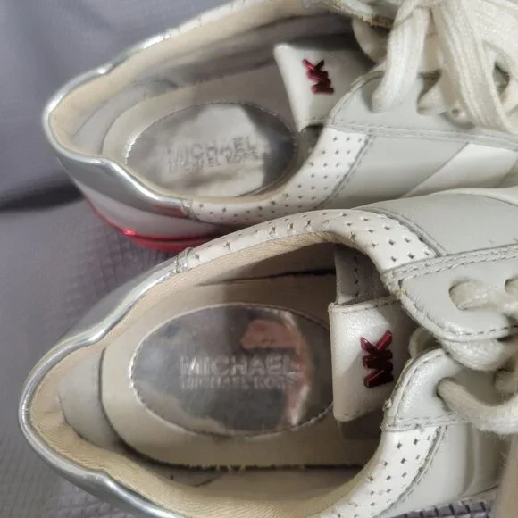 Michael Kors Womens Size 7M Sneakers Allie Perforated Leather Lace-up Gray Red - Picture 11 of 12